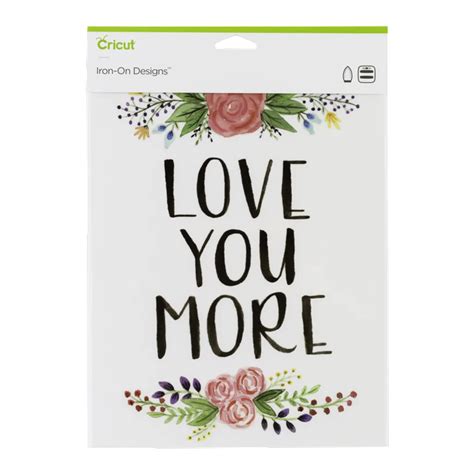 Cricut Iron On Designs Love You More 8.5X12; 1 large, ready-to-apply design; Create T-shirts, tote bags, hoodies, throw pillows, and more; Use as is or personalize with designs cut by your Cricut® machine; Get amazing, proven results with Cricut EasyPress™ or use household iron
